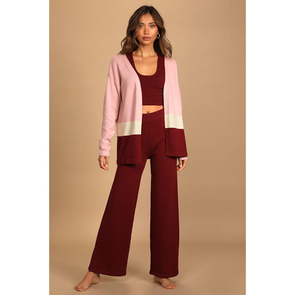 Lulus Find Me Here Burgundy Color Block Tank Top And Cardigan Set - Size M
